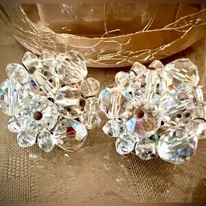 Vintage 1950s Germany Aurora Borealis Crystal Cluster Clip Earrings Mid Century